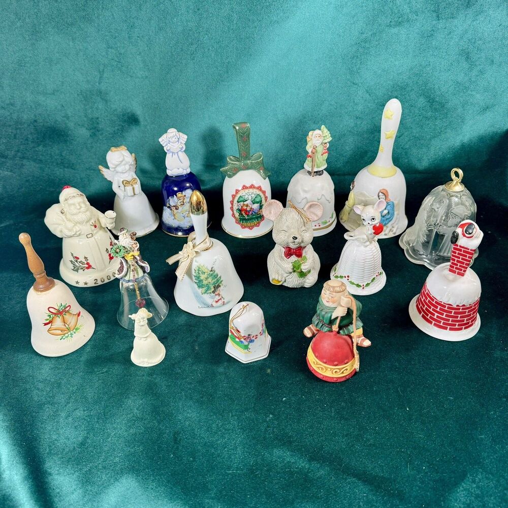 Christmas Bell Lot Of 17 Mostly Ceramic Mice Angels Santa Nativity bells